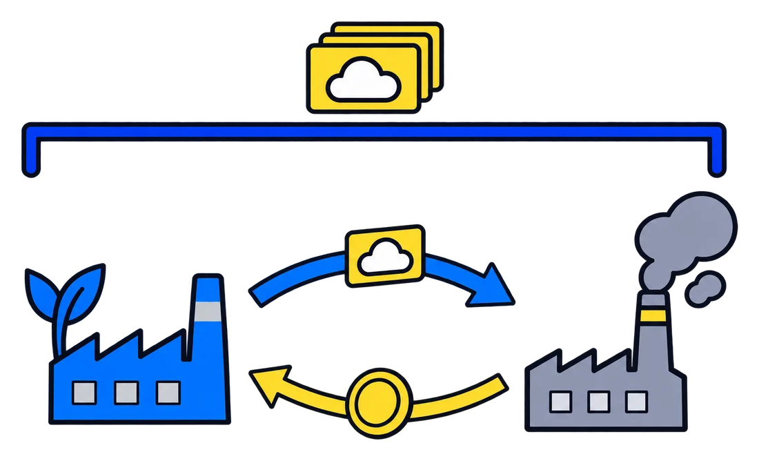 Cap and Trade: Die Gesamtmenge an Zertifikaten ist begrenzt; Firmen, die billig vermeiden können, verkaufen Zertifikate an Firmen, für die Vermeiden teuer ist.